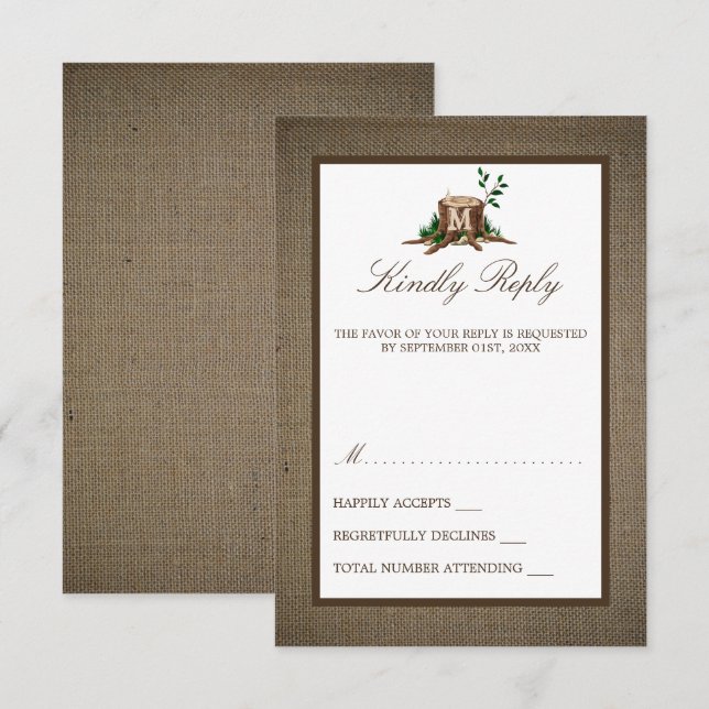 Cartons Réponse Pays Russe Monogramme Arbre et Mariage de Burlap (Devant / Derrière)