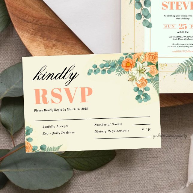 Cartons Réponse Peach Floral and Eucalyptus Greenery Wedding (Peach Floral and Eucalyptus Greenery Wedding RSVP Card)