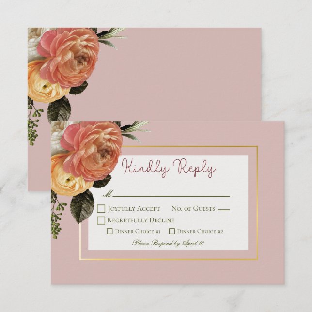 Cartons Réponse Peach Mimosa Blooms Floral Mariage (Devant / Derrière)