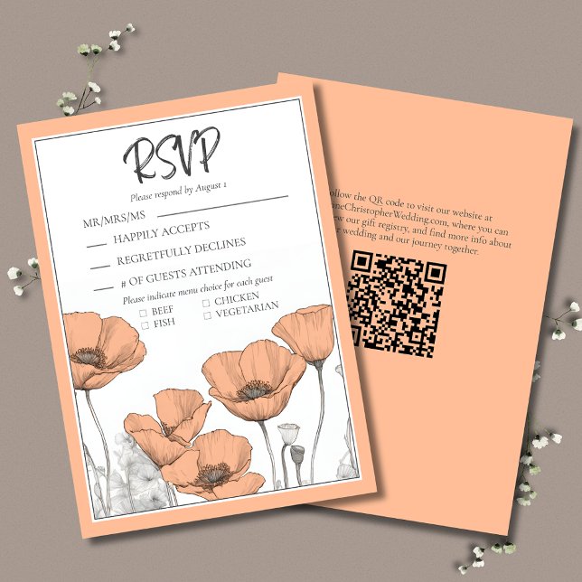 Cartons Réponse Peach Poppies Floral Élégant Mariage moderne (Peach Poppies Elegant Wedding RSVP with menu options and QR code for your wedding website.)