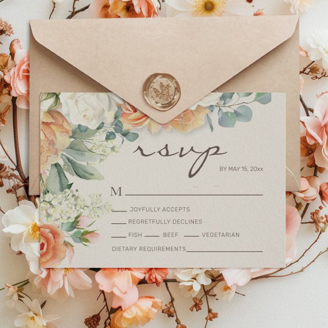 Cartons Réponse Peach White Aquarelle Florale Eucalyptus Mariage (Peach and cream-colored watercolor floral wedding RSVP card)