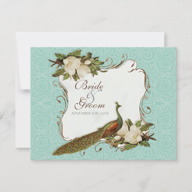 Cartons Réponse Peacock Magnolia Floral Swirl Mariage damassé (Devant)