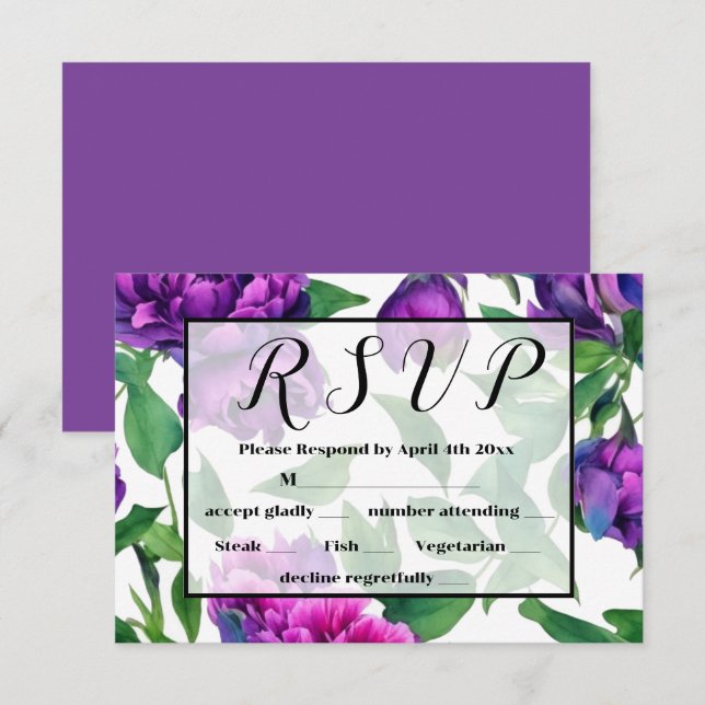 Cartons Réponse Peonées d'aquarelle romantique violet magenta rose (Devant / Derrière)