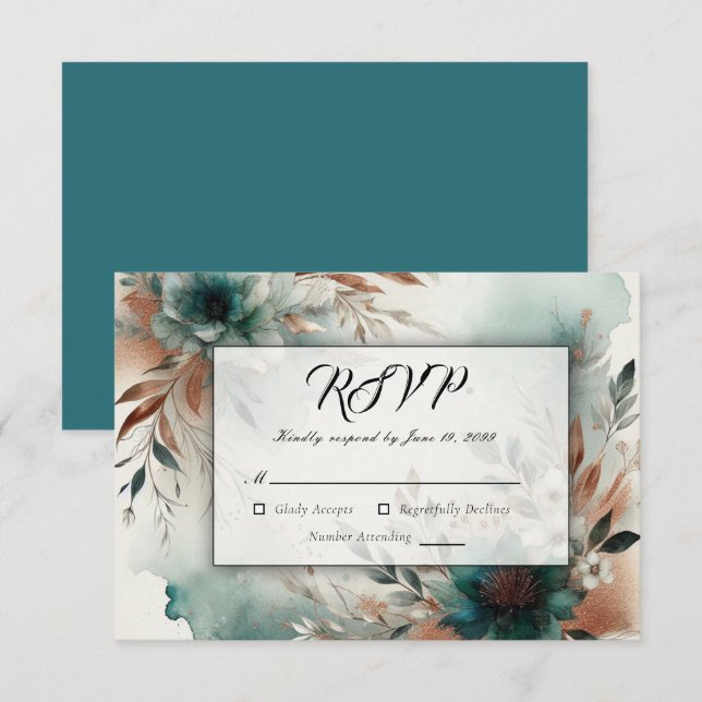 Cartons Réponse Pétales turquoises en Mariage de fleurs de bronze (Devant / Derrière)