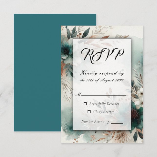 Cartons Réponse Pétales turquoises en Mariage de fleurs de bronze (Devant / Derrière)