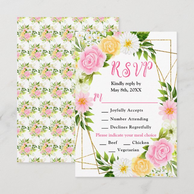 Cartons Réponse Pink and Yellow Flowers with Foliage Wedding (Devant / Derrière)