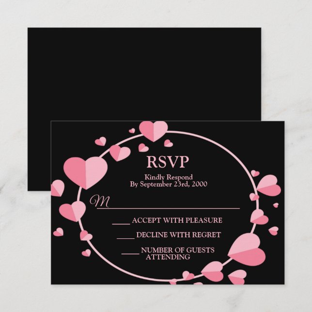 Cartons Réponse Pink Heart Black Geometric Wedding Party Elegant (Devant / Derrière)