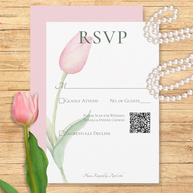 Cartons Réponse Pink Tulip Solo Wedding QR Code (Pink Tulip Solo Wedding QR Code RSVP Card)