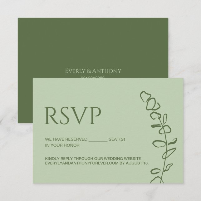 Cartons Réponse Places réservés Mariage Chic Eucalyptus Vert Sauge (Devant / Derrière)