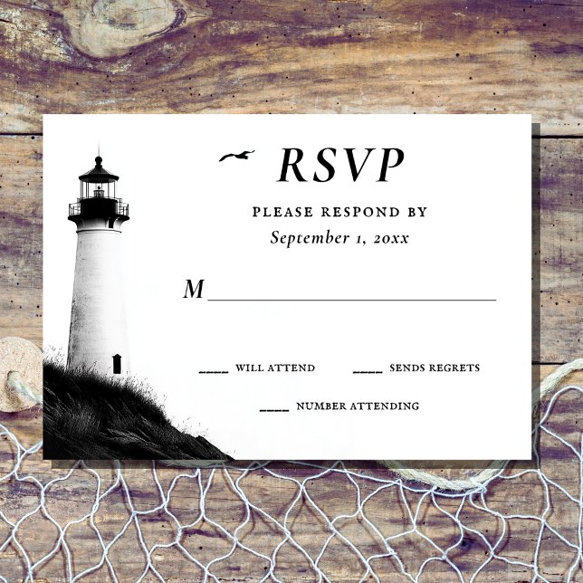 Cartons Réponse Plage côtière Mariage phare nautique (Front - Coastal Beach Nautical Lighthouse Wedding RSVP Card)