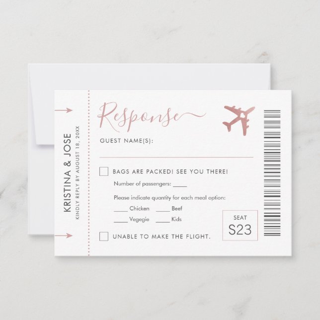 Cartons Réponse Plan d'embarquement Billet Pink Travel Thème (Devant)