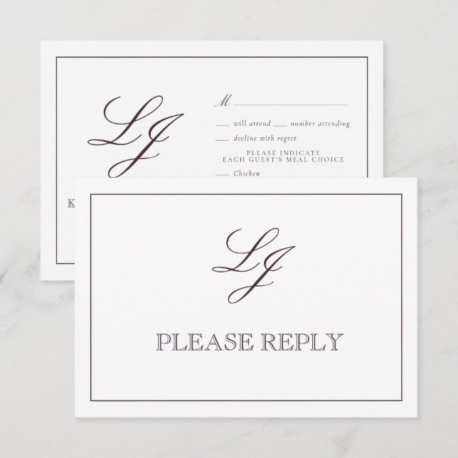 Cartons Réponse Plum classique violet calligraphie Monogramme Mari (Devant / Derrière)