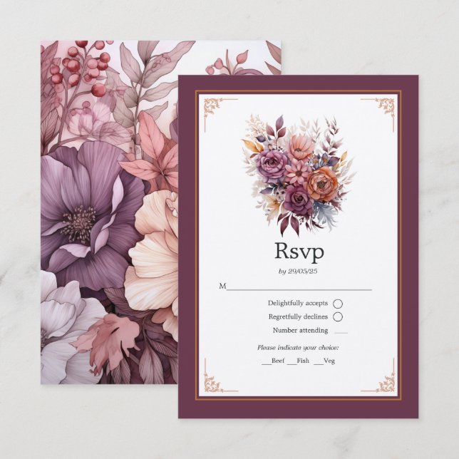 Cartons Réponse Plum, Grey, cuivre et Dusty Rose Mariage floral (Devant / Derrière)