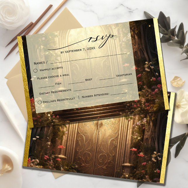 Cartons Réponse Porte de jardin enchantée (Enchanted Garden Gate RSVP Card #zazzlemade #rsvpcard #olddooringarden #romanticstyle #floralandgold)