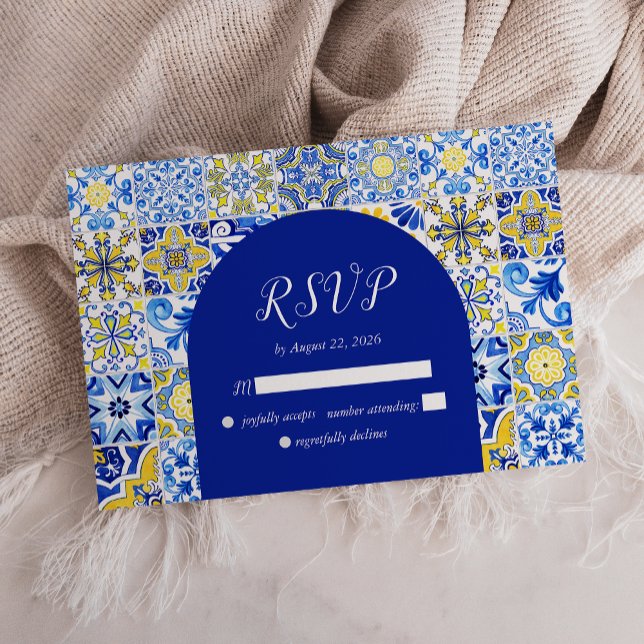 Cartons Réponse Portugais Bleu Jaune Carreaux blancs Arch Mariage (Créateur téléchargé)