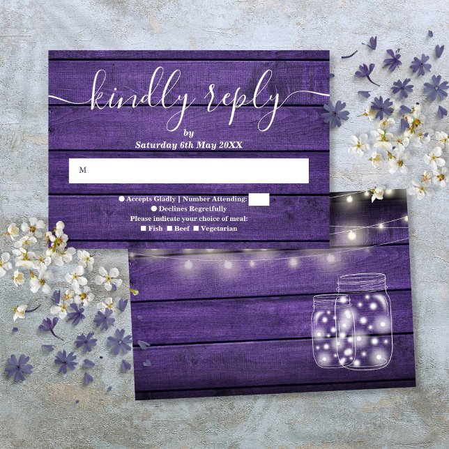 Cartons Réponse Purple Russe Chaîne de bois Lumière Mason Jars (Purple Rustic Wood String Lights Mason Jars RSVP Card)