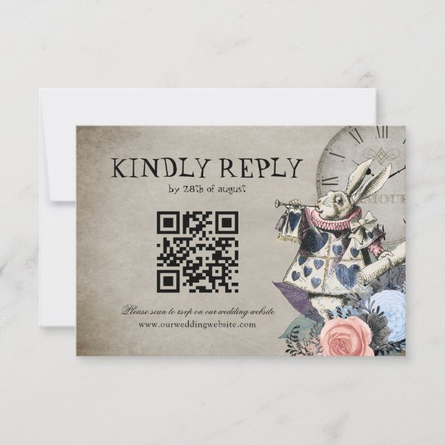 Cartons Réponse QR Code Dusty Blue Alice en Wonderland Mariage (Devant)