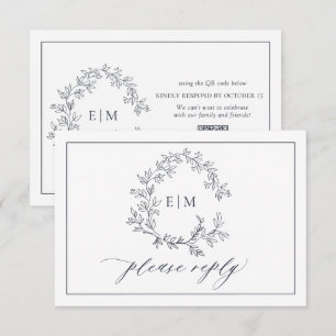 Cartons Réponse QR Code Marine Blue Leafy Crest Monogram Mariage