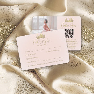 Cartons Réponse QR Code & Photo Elegant Quinceañera Gold Crown