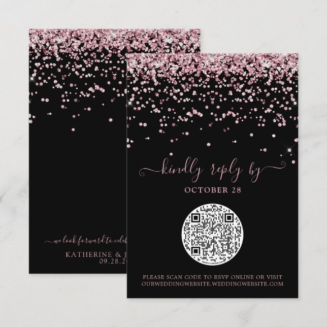 Cartons Réponse QR Code Rose noir Gold rose Parties scintillant ma (Devant / Derrière)