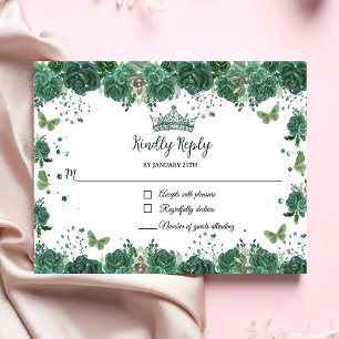 Cartons Réponse Quinceañera Emerald Green Floral Butterflies Tiara