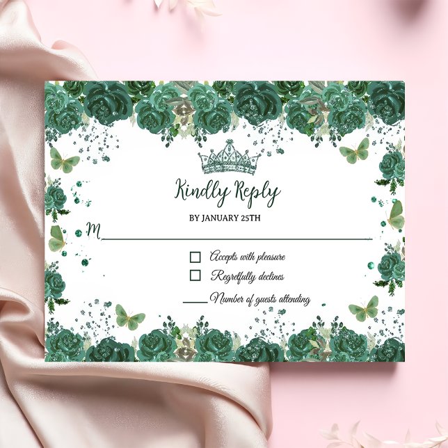 Cartons Réponse Quinceañera Emerald Green Floral Butterflies Tiara (Créateur téléchargé)