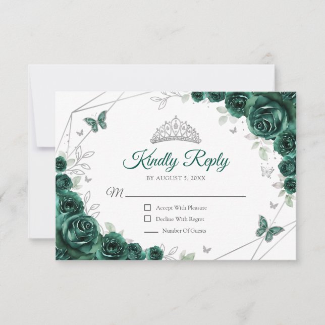Cartons Réponse Quinceanera Emerald Green Silver Floral Reply (Devant)