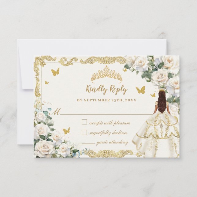 Cartons Réponse Quinceañera Ivory White Floral Robe Princesse Or (Devant)