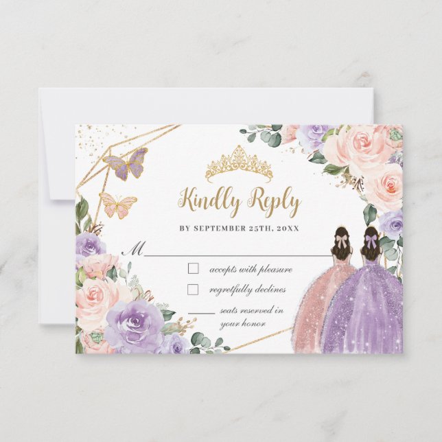 Cartons Réponse Quinceañera Lilac Blush Floral Rose Gold Twins (Devant)