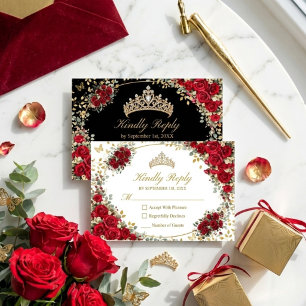 Cartons Réponse Quinceañera Papillon Doré Noir et Rouge
