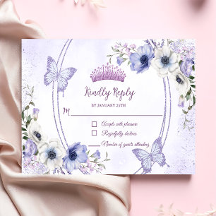 Cartons Réponse Quinceañera Purple Lilac Floral Tiara Papillons