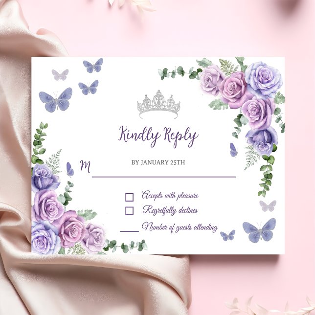 Cartons Réponse Quinceañera Purple Lilac Floral Tiara Papillons (Créateur téléchargé)