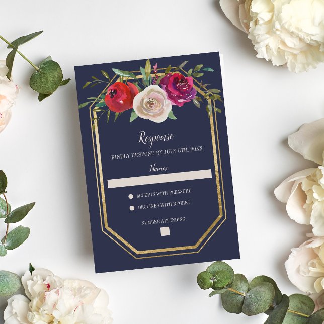 Cartons Réponse Radial Floral Navy Blue Burgundy Gold Mariage (Créateur téléchargé)