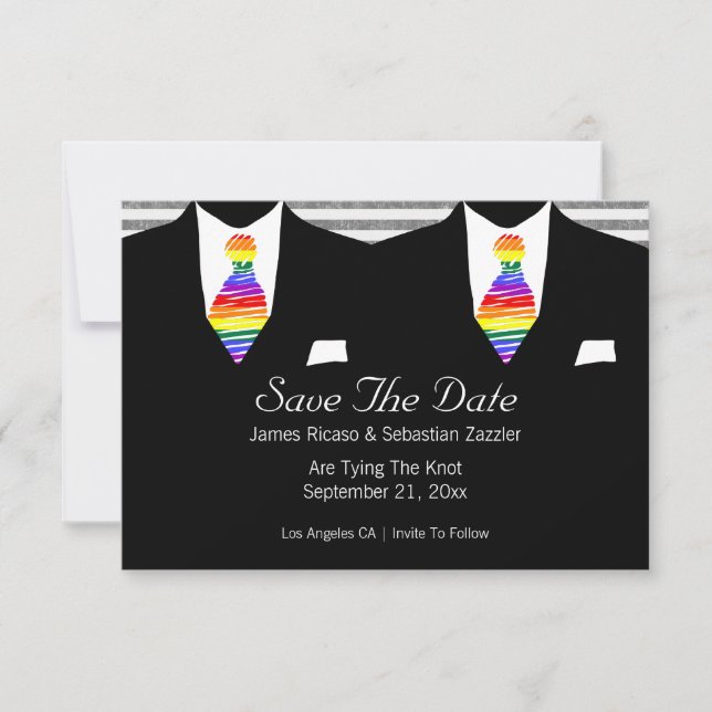 Cartons Réponse Rainbow Cravate Gay Enregistrer la date Mariage ca (Devant)