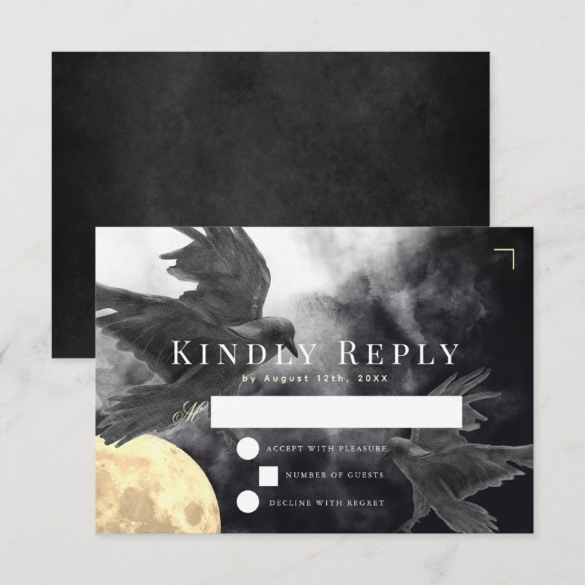 Cartons Réponse Raven & Golden Moon Mariage gothique (Devant / Derrière)