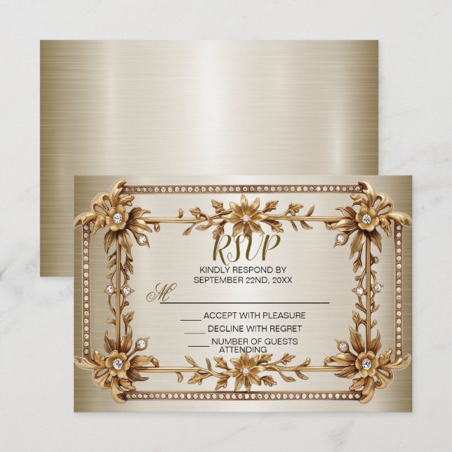 Cartons Réponse Rectangle Orné Or mariage Fleurs Dimonées brillant (Devant / Derrière)