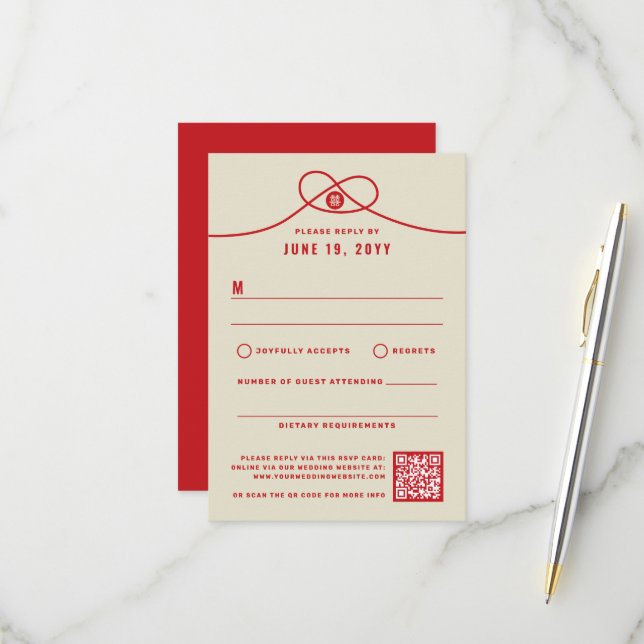 Cartons Réponse Red Knot Union Double Bonheur Mariage chinois (Devant/Arrière en situation)