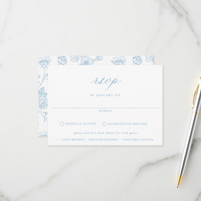 Cartons Réponse Regency Blue Floral Meal Choice Mariage (Devant/Arrière en situation)