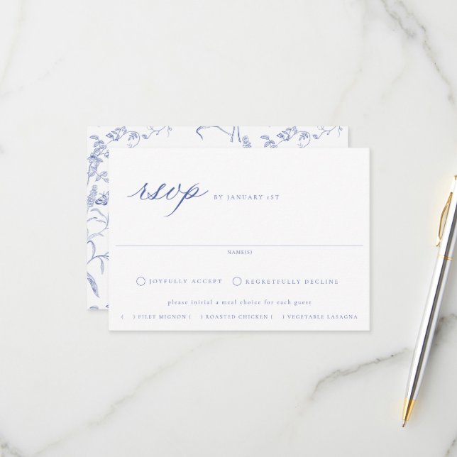 Cartons Réponse Regency Blue Floral Repas Choix Mariage (Devant/Arrière en situation)