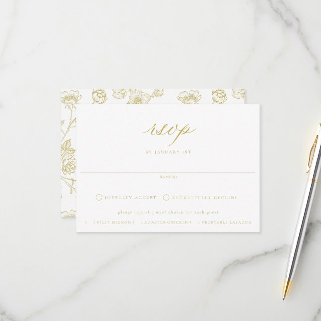 Cartons Réponse Regency Gold Floral Repas Choix Mariage (Devant/Arrière en situation)