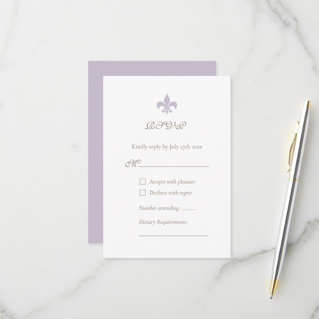 Cartons Réponse Regent Français Purple Fleur de Lis Design Mariage (Devant/Arrière en situation)