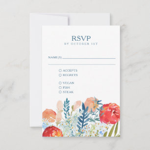 Cartons Réponse Repas de mariage bohème floral à l'aquarelle bleue