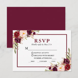 Cartons Réponse Repas floral de Bourgogne moderne Mariage