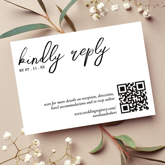Cartons Réponse Répondre Correspondance QR Code Simple Mariage Bla (Kindly Reply QR Code Simple White Wedding RSVP)