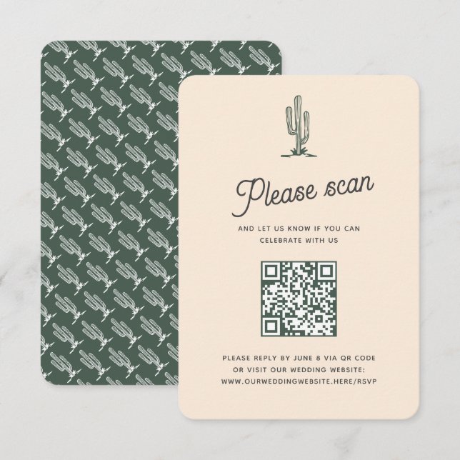 Cartons Réponse Retro Green Saguaro Cactus Desert Mariage QR Code (Devant / Derrière)