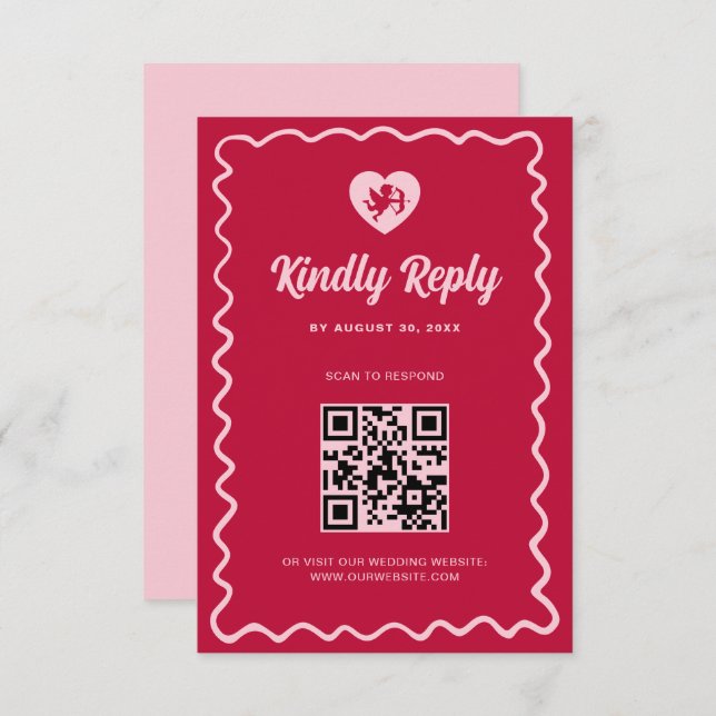 Cartons Réponse Retro Wavy Frame Red Pink Cupid Wedding QR Code (Devant / Derrière)