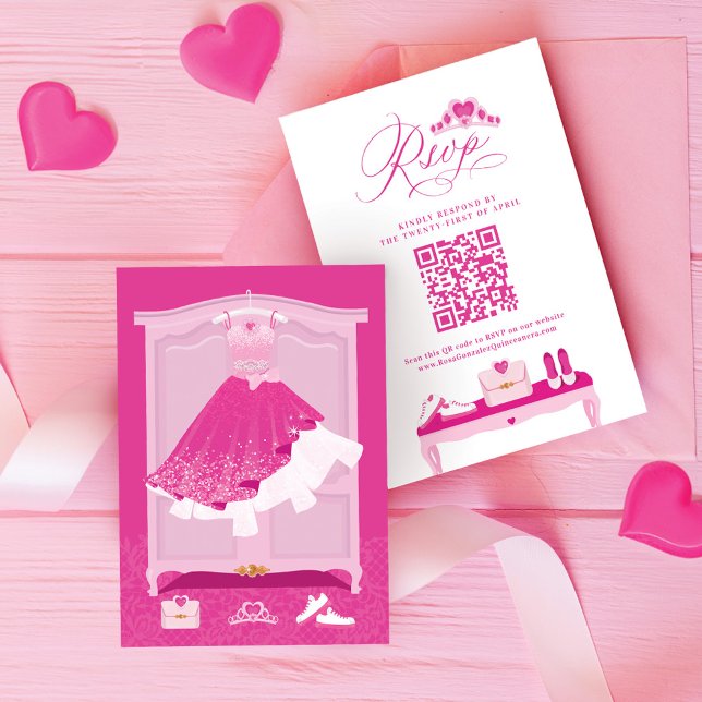 Cartons Réponse Rêve de mode rose Gown Quinceanera QR Code (Pink Fashion Dream Gown Quinceanera QR Code RSVP Card)