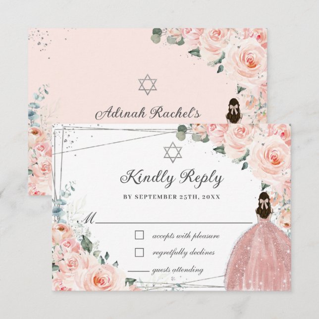 Cartons Réponse Robe Bat mitzvah Fille Rose Flore Blush (Devant / Derrière)