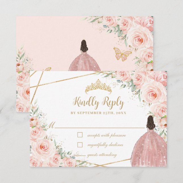 Cartons Réponse Robe d'or de la princesse Florale Blush Quinceañer (Devant / Derrière)
