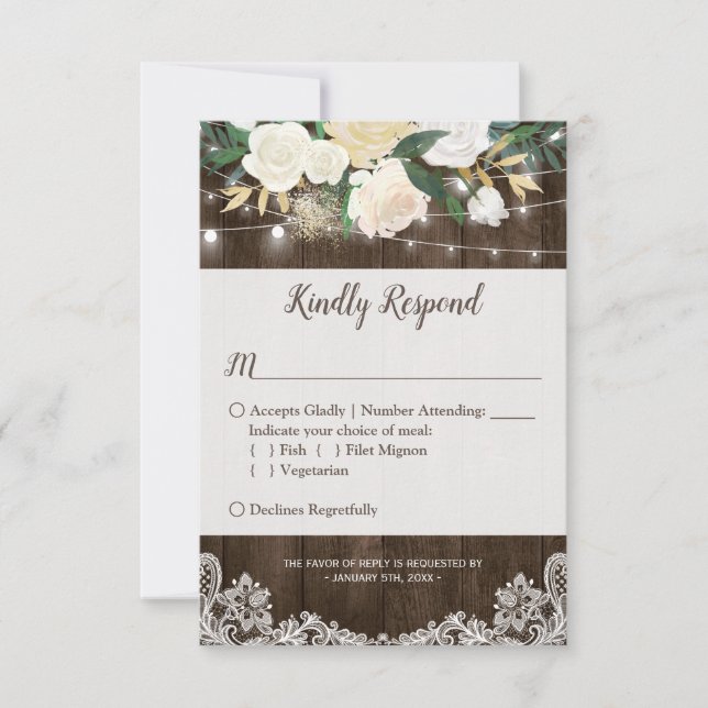 Cartons Réponse Roche Florale Rustique Lumières dentelle mariage R (Devant)